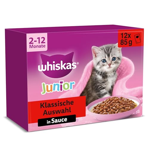 Whiskas Junior Katzennassfutter Klassische Auswahl in Sauce, 48 Portionsbeutel, 12x85g (4er Pack) – Hochwertiges Katzenfutter nass, für heranwachsende Katzen von 2 bis 12 Monaten