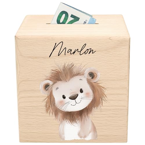 Spardose für Kinder Löwe personalisiert Safari Tiere Sparbox aus Holz Sparschwein mit Schlüssel Taufgeschenk für Jungen & Mädchen Holzspardose
