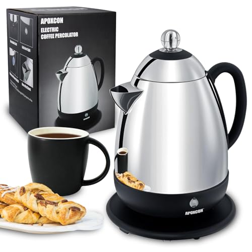 APOXCON Elektrische Kaffeemaschine Edelstahl -CE-Kennzeichnung, Mit Sicht-Knopf, tropffreier Ausguss & Warmhaltefunktion, schnurlos (10 Tassen)