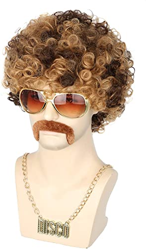 Topcosplay 3er-Pack Herrenperücke: 70er 80er Jahre Disco Dude Dirt Bag Perücke & Schnurrbart Halskette – kurz, lockig, Afro, Shaggy, Blond, gemischtes Schwarz