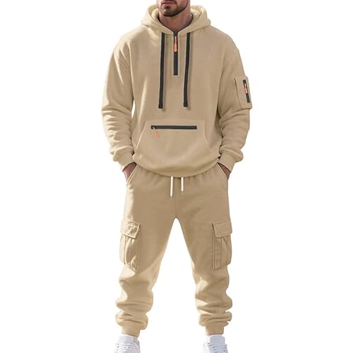 MEDUOLA Herren Kapuzenpullover und Hose 2-teiliges Set, Y2K Street Style Hoodie und Jogginghose Set, Herren pullover mit Taschen Trainingsanzüge XL,Khaki