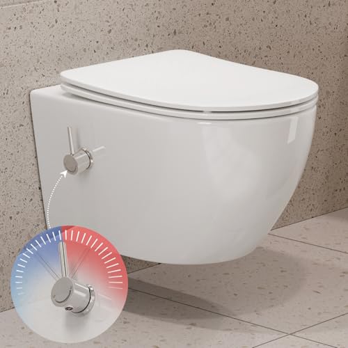 HOROW Dusch WC mit Integrierter Düse, Hänge WC Spülrandlos, Toilette mit Bidet Funktion, Taharet WC mit Nano, WC-Dusche mit Armatur, Klodeckel mit Absenkautomatik, Kalt-Warm Wasser, 49×36×36cm