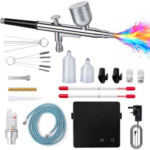 Airbrush Set mit Kompressor, 40 PSI Double Action-Airbrushpistole mit 3 Düsengrößen (0,2/0,3/0,5 mm) für Modellbau, Make-up, Autolackierung