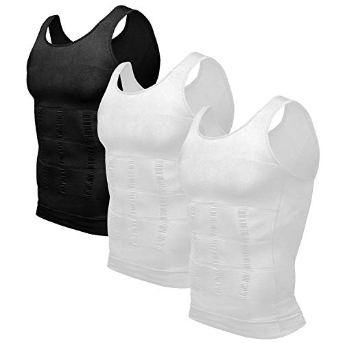 Odoland Unterhemd Herren 3er Pack Kompressionsshirt Shapewear Bauchweg Shirt Herren Body Shaper Tank Tops - Schwarz/Weiß/Weiß, XXXL