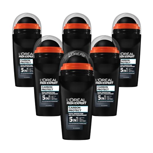 L'Oréal Men Expert Deo für Männer, 5-in-1 Deoroller gegen Geruchsbildung, Nässe, Bakterien und weiße Rückstände für bis zu 72 Stunden Frische, Carbon Protect, 6 x 50 ml