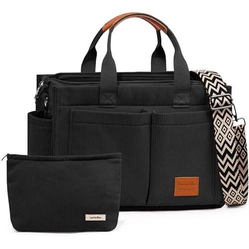 Captain Blues Cord Tasche Damen, Große Handtasche Shopper Tasche, Tasche Arbeit Damen, Umhängetasche mit Reißverschluss, Cord Tote Bag für Uni & Alltag (Schwarz)