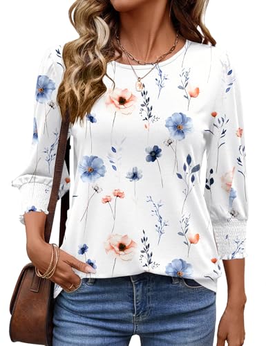 IECCP Bluse Damen 3/4 Ärmel Langerm Runder Ausschnitt Elegant Tunika Sommer Tops Locker Shirt Lässig Oberteil 2025 (Weiß Blumen,XL)