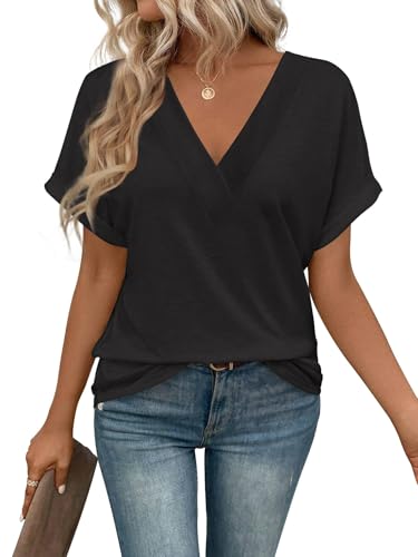 Cuptacc T-Shirt Damen V Ausschnitt Kurzarm Oberteile Damen Sommer Elegant Locker Baumwoll Tshirt Schwarz, XXXXL Große Größen
