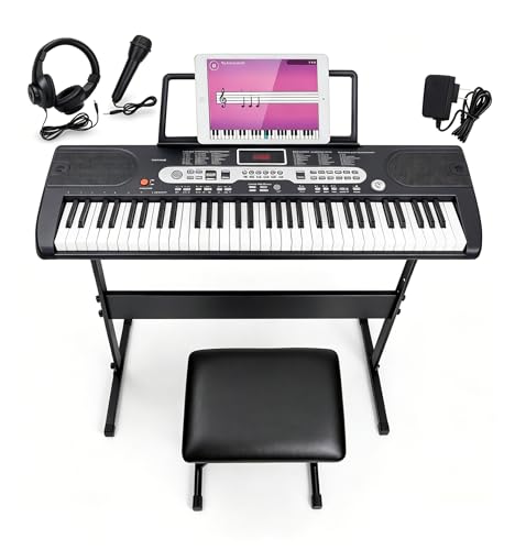 Asdsed 61 Tasten Keyboard Komplettset für Anfänger, Keyboard Piano mit Ständer, Sitzbank, Kopfhörer, Mikrofon & Notenständer, LCD-Display, MP3-Funktion E-Piano für Kinder & Erwachsene, Schwarz