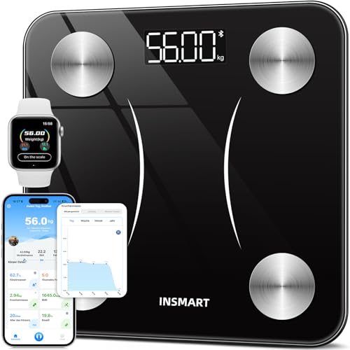 INSMART Personenwaage Digital, Waage personen mit Bluetooth, Körperfettwaage für BMI, Gewicht, Körperfett, Pulsschlag, Muskelmasse, Wasser, Protein, Skelettmuskel, Knochengewicht, BMR, usw.