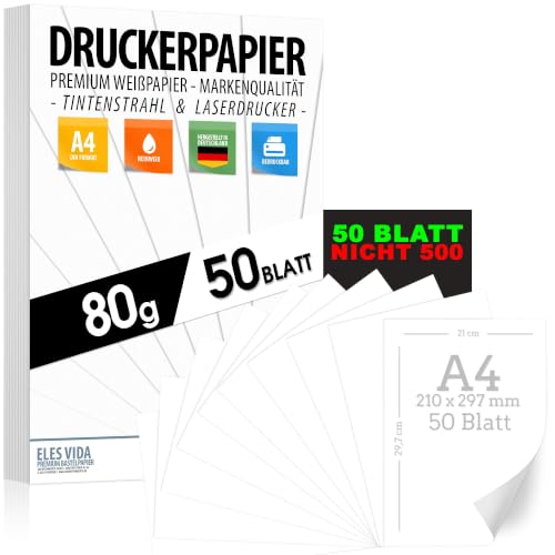 Druckerpapier A4 80g weiß – 50 Blatt - PREMIUM PAPIER Reinweiß - DIN A4-21 x 29,7 cm - Kopierpapier, Laserdrucker & Tintenstrahl für Uni, Fotografie, Präsentationen Ideal für Büro & Office - 50 BLATT
