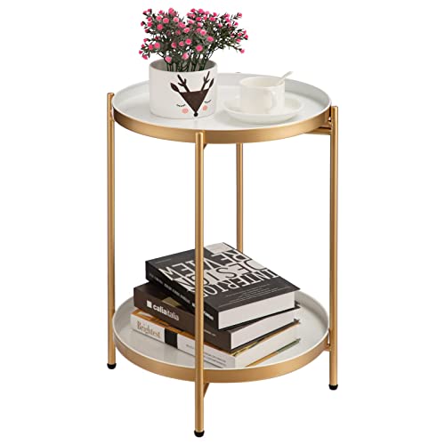 HollyHOME Beistelltisch Gold Rund Klein Metall Couchtisch Balkontisch Nachttisch 2 Ebenen Beistelltisch für Wohnzimmer Schlafzimmer Outdoor Terrasse, Gold&Weiß