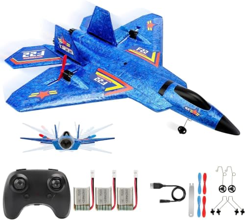 Fremego F-22 RC Flugzeug,2.4Ghz Ferngesteuertes Flugzeug für Anfänger Blau | 3 Akkus,LED-Lichtern, Raptor Fighter Flugzeug Spielzeug RTF,Spielzeugflugzeug mit 6 Axis Gyro System für Kinder Erwachsene