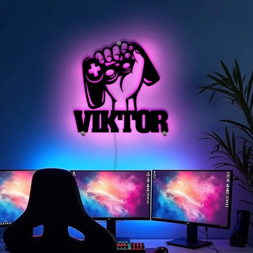 Namofactur® - Personalisiertes Gamer LED Schild HDF Schwarz | Gaming Lampe mit Wunschname für Jugendzimmer Jungen Mädchen | Deko Leuchtschild für Zockerzimmer, Schreibtisch & Wand | Gamer Geschenk