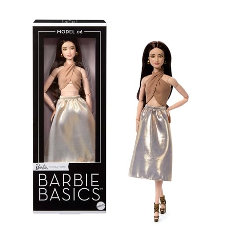 Barbie Basics Model 06 Sammler-Modepuppe mit brünetten Haaren, goldenem Midi-Rock und Neckholder-Top, Universal-Fit-Mode und Made-to-Move Körper – ideales Muttertagsgeschenk, JJX25