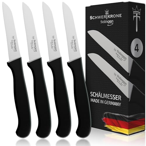 Schwertkrone® Schälmesser 4er Set [MADE IN SOLINGEN - GERMANY] - Gemüsemesser Obstmesser - Küchenmesser klein scharf - Schneidemesser Kartoffelschälmesser - Allzweckmesser rostfrei (4x 3 gerade)