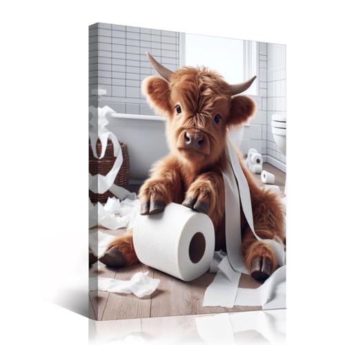 Gerahmte lustige Badezimmer-Dekoration, Wandkunst, Hochlandkuh in Toliet-Papier, Kunstdrucke, Hochlandkuh, Badezimmerbilder, Wanddekoration, rustikales Bauernhaus, Badezimmer, Wanddekoration, lustige