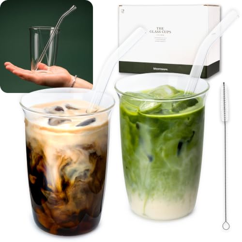 BLOOMWARE® Glasbecher mit Strohhalmen [2x 480 ml] - Trinkgläser für Matcha Latte, Iced Coffee & Latte Macchiato - spülmaschinenfeste Kaffee & Matcha Gläser | Eiskaffee Gläser