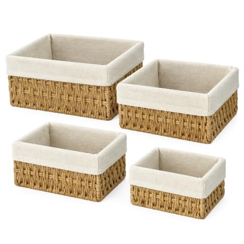 4er Set Aufbewahrungskorb handgeflochten Papierseil mit Futter | Vielseitige Körbe, stabiler Eisenrahmen, abnehmbares Futte-Papierseilr für Kosmetik, Spielzeug & Boho-Deko