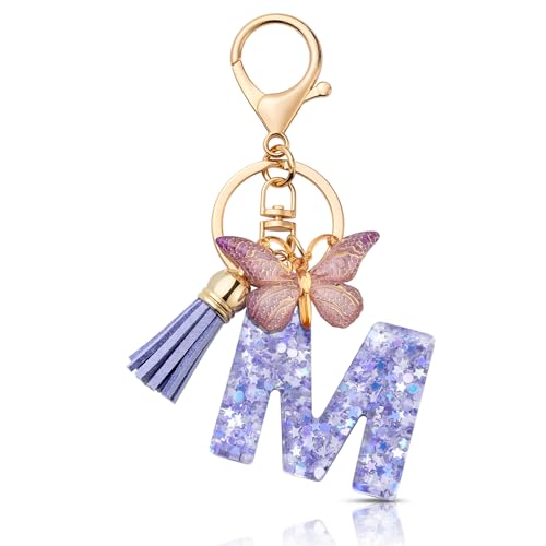 MORSUNBELA Schlüsselanhänger Buchstabe Mädchen Anhänger Schlüssel schlüsselbund Buchstaben mit Anfangsbuchstabe für Frauen Damen Lila M