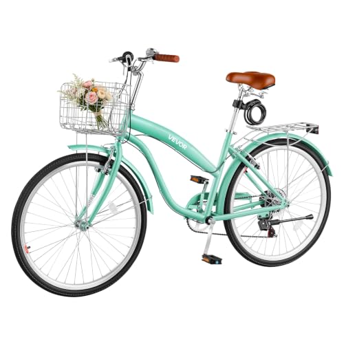 VEVOR Damenfahrrad 26 Zoll Cruiser-Fahrrad 150 kg 7-Gang Citybike Hellgrün