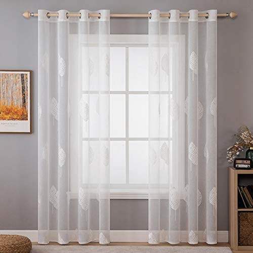 MIULEE Wohnzimmer Vorhänge Transparent mit Weiss Blätter Muster, Modern Stickerei Gardinen Ösen für Schlafzimmer Deko, 2er Set Schöne Blätter Muster Vorhang Fenster H 245 x B 140