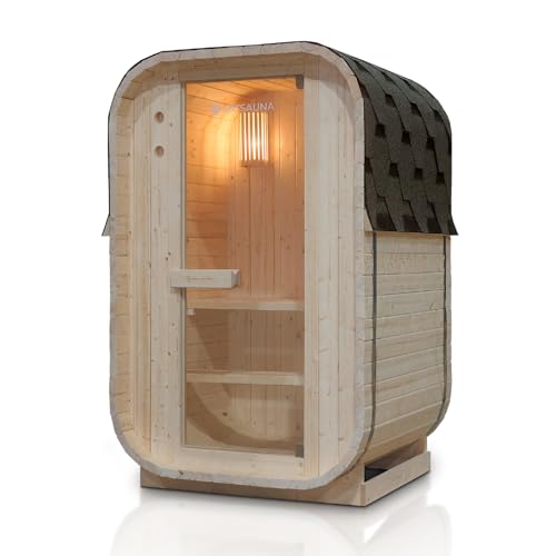 Artsauna Fasssauna Nolvik S, Outdoor-Sauna aus Fichtenholz, 3,6 kW Ofen, LED, Komplettset mit Sanduhr, Eimer & Thermometer, Winterfest, Cube Design