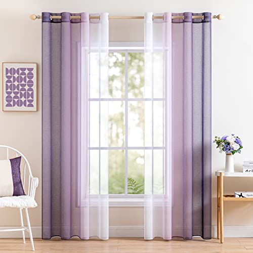 MIULEE 2er Set Voile Vorhang Zweifarbiger Vorhang mit Ösen Transparente Gardine Ösenschal Fensterschal Lichtdurchlässig für Schlafzimmer, 140x245cm, Lila