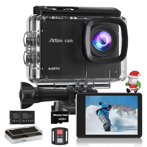 Camlance 4K60FPS Action Cam mit 64GB Karte,HD 48MP 40M Wasserdicht Unterwasserkamera 8X Zoom,WiFi EIS Stabilisierte Helmkamera Fernbedienung Actionkameras,2 * 1350 Akkus-Helmhalterung Zubehör Kits