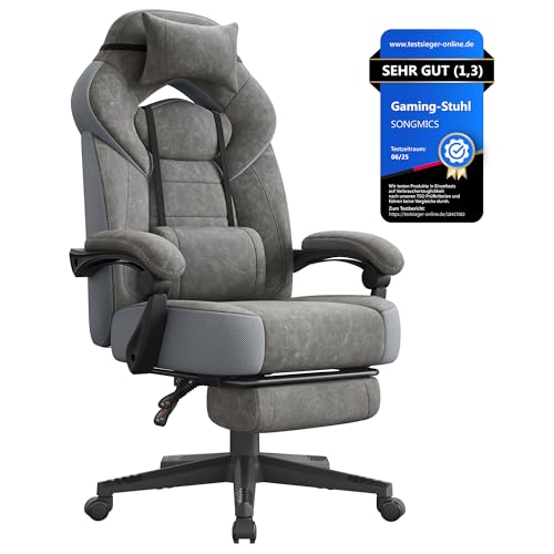 SONGMICS Gaming-Stuhl, Bürostuhl, Computerstuhl, ergonomisches Design, mit Fußstütze, verstellbares Kopfkissen, Lendenkissen, Tragkraft 150 kg, schiefergrau OBG077G01