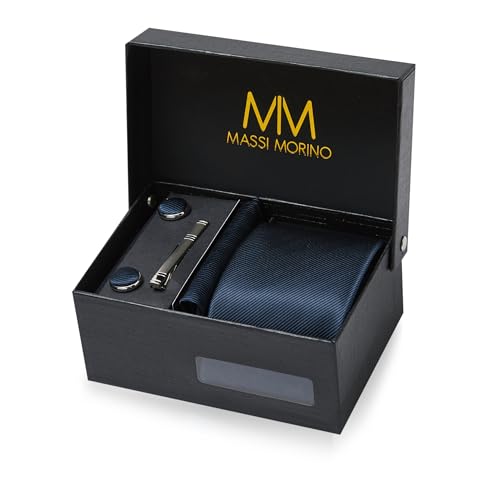 Massi Morino Krawatte Dunkelblau mit Einstecktuch Set Herren inkl. Manschettenknöpfe, Krawattennadel und Geschenkbox - Männer Krawattenset zur Hochzeit