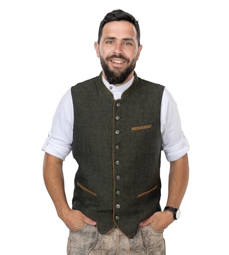 Schöneberger Trachten Herren Trachtenweste Grün-Olive – Vintage Lodenweste für Oktoberfest | Leinen-Weste Lederhose - Trachten-Gilet Hubertus grün (52)