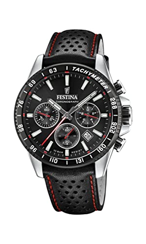 Festina Herren Uhr Analog mit Schwarzem Lederarmband - Quarzwerk - Chronograph - Kalender - Mineralglas mit hoher Widerstandsfähigkeit - Wasserdicht bis 10 ATM - Elegant F20561/4 Timeless Chronograph