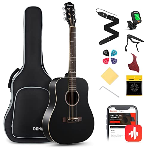 Donner Gitarre Akustik 3/4 für Anfänger Einsteiger Akustikgitarre Set Gitarren Erwachsene 36 Zoll Dreadnought mit 6 Tasche Capo Plektren Gurt(Schwarz)