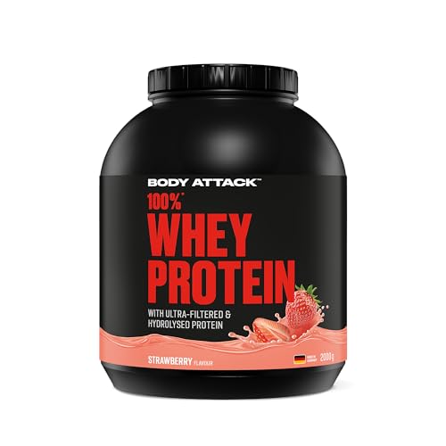 Body Attack 100% Whey Protein Strawberry, 2 kg - extra cremiges Eiweißpulver mit Hydrolysat und BCAA´s, unterstützt Muskelaufbau und Diäten, für alle Sportler & Athleten