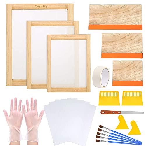 Yayatty 47 Stück Siebdruck Rahmen Set,Siebdruckrahmen mit Mesh 3 Stück Holz Siebdruckrahmen Anders, Tintenschaber und Abdeckband für Den Siebdruck