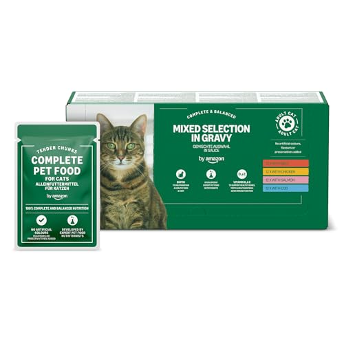 by Amazon Katzenfutter, nass, für ausgewachsene Katzen, Gemischte Auswahl in Sauce, 4.8kg (48 Packungen mit 100g)