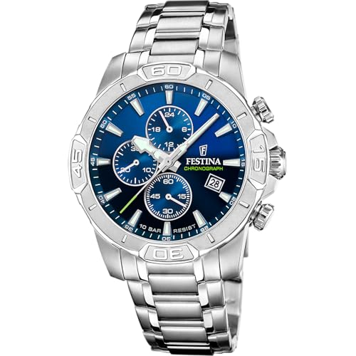 Festina Herren Uhr Analog aus Edelstahl 316L Silber - Quarzwerk - Chronograph - Kalender - Widerstandsfähiges Mineralglas - Wasserdicht bis 10 ATM F20704/4 Timeless Chronograph