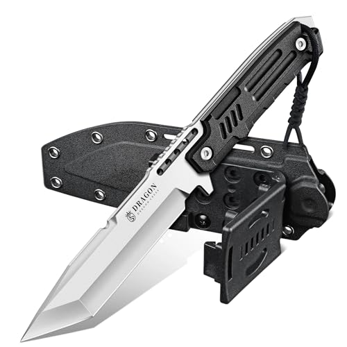 Dragon Creek Outdoor-Messer mit feststehender Full-Tang-Klinge – 5mm Klingenstärke, 15° V-Schliff, ergonomischer Griff, Kydex-Scheide, für Camping & Outdoor（Silber）