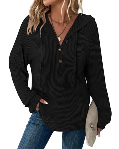 Tanmolo Pullover Damen Hoodie V-Ausschnitt Kapuzenpullover Knopfleiste Leichter Strickpullover Langarm Sweatshirt Tops Schwarz, L