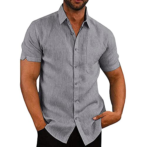 Glacspyg Leinenhemd Herren Kurzarm Leinenhemd Arbeit Freizeithemd Fit Business Casual Urlaub Sommer Strand Hemd Grau L