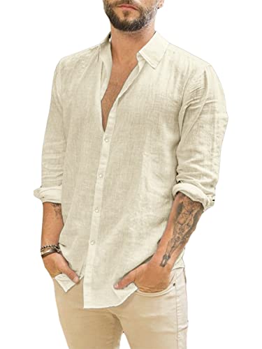 Runcati Herren Langarm Leinenhemd Umlegekragen Hemd Business Freizeithemd Sommer Shirt, Khaki, M