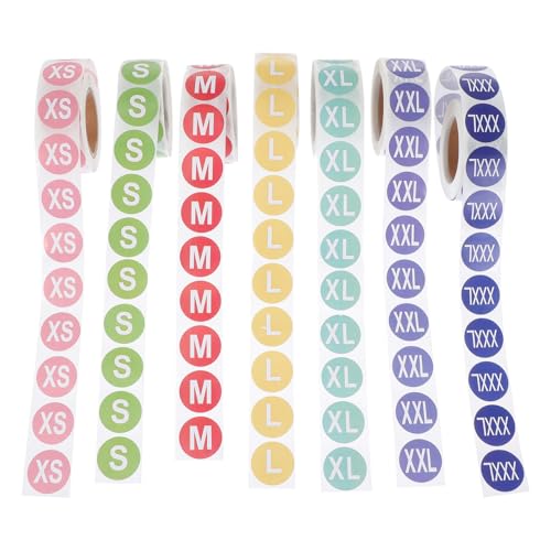 Didiseaon Kleidergrößenaufkleber 7 Rollen mit Je 500 Stück aus Papier Runde Selbstklebend und Einfach Ablesbar 2,5cm Durchmesser für Bekleidungsgeschäfte und Märkte