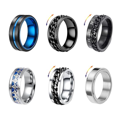 Uwiyo 6 Stück Edelstahl Herren Ring, Männer Spinner Ring Spinner Kette Link Ringe Silber Schwarz Blau Cool Band Ringe Anxiety Ringe Ehering Verlobungsring für Herren Männer, Größe 52-70 (12)