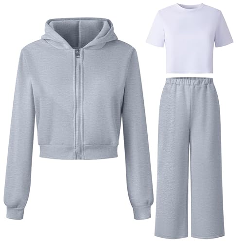 Generisch 2026 2-teiliger Fleece-Trainingsanzug mit Kapuze für Mädchen, weiches, bequemes Sport-Outfit mit langärmligem Oberteil und Hose zum Spielen und für die Freizeit (Grey, 10-11 Years)