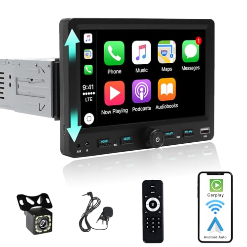 Alondy Autoradio 1Din mit 7 Zoll einstellbar Bildschirm, Kompatibel mit [Wireless] Apple CarPlay/Android Auto Bluetooth Typ-C USB(3A Schnellladung) AM/FM/RDS Radio Rückfahrkamera AUX SD