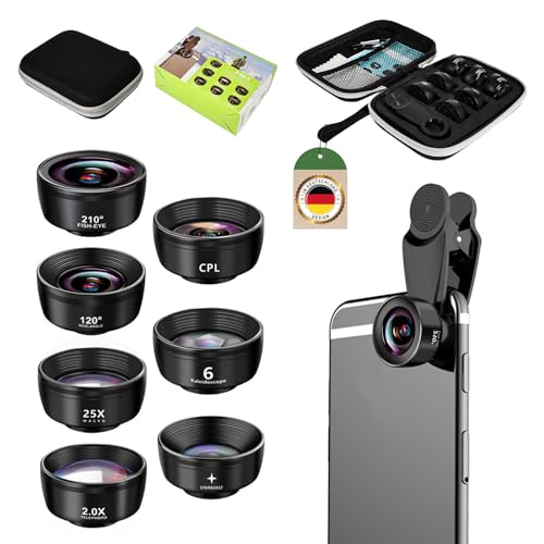 TENWANEY 7 in 1 Handy Kamera objektiv,Fischaugenobjektiv 210° Weitwinkel 120° Makroobjektiv (25x) Sternfilter Telephoto, Kaleidoscope,CPL/Star Filter für iPhone und die meisten Smartphones