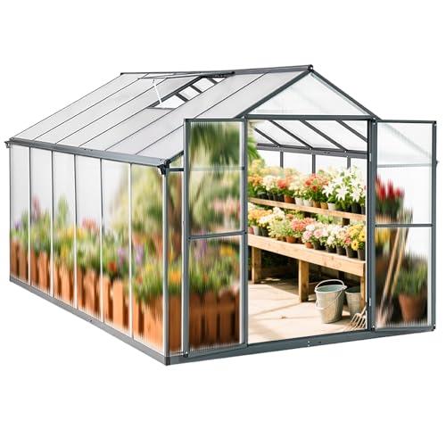 Euboer Gewächshaus Aluminium mit 362 x 238cm Fundament 4mm Platten gartengewächshäuser groß Treibhaus Winterfest Frühbeet Aufzucht 14,03m³ Doppeltür Grau