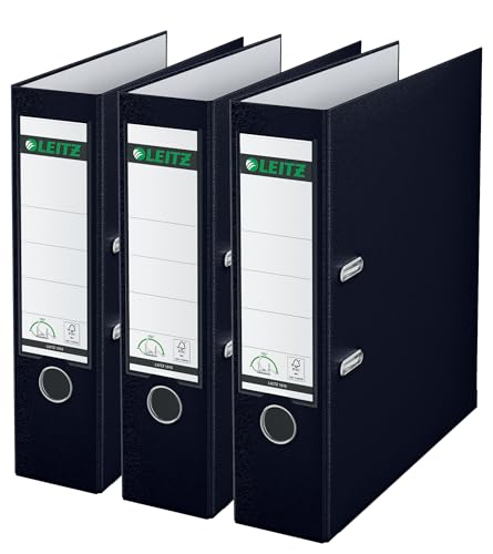 Leitz Qualitäts-Ordner 180° Plastik, 3er Pack, das Original, A4 Aktenordner 8 cm breit, 90% Recycling-Karton, 30% Pre-Consumer Recycling-Kunststoff, 180° Mechanik, 600 Blatt, Schwarz, 310335095