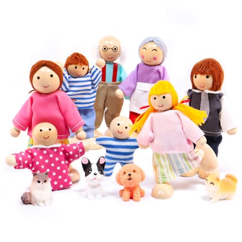Homethrive Puppenfamilie aus Holz, 13 Stück, Familienpuppen aus Holz, für Haus mit Katze und Hund, Puppenhaus-Charaktere für Rollenspielzubehör und Geschenk